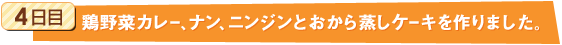 4日目：鶏野菜カレー、ナン、ニンジンとおから蒸しケーキを作りました。